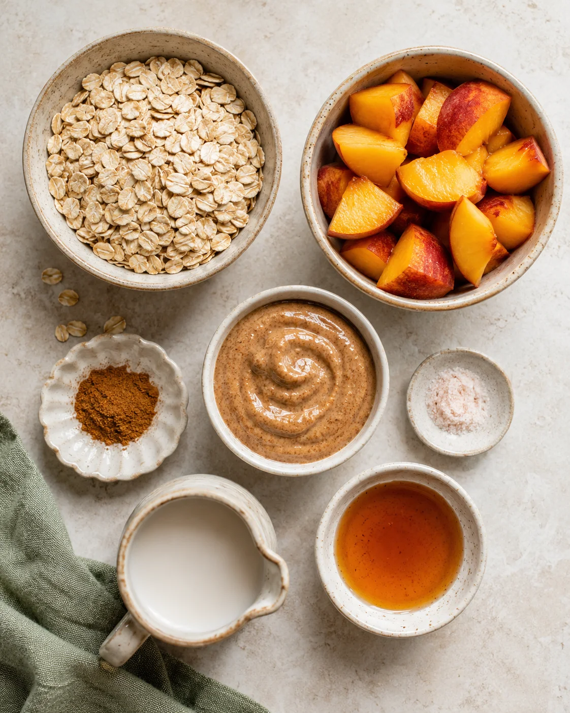 Creamy overnight oats with fresh peaches and warm spices in a bowl.