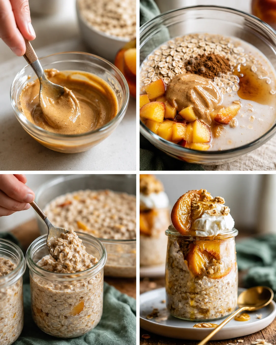Creamy overnight oats with peaches, cinnamon, and almond butter in a glass jar