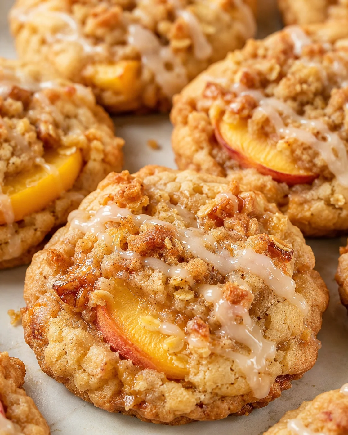 Close-up of soft, chewy peach cobbler cookies with peaches and crumble topping