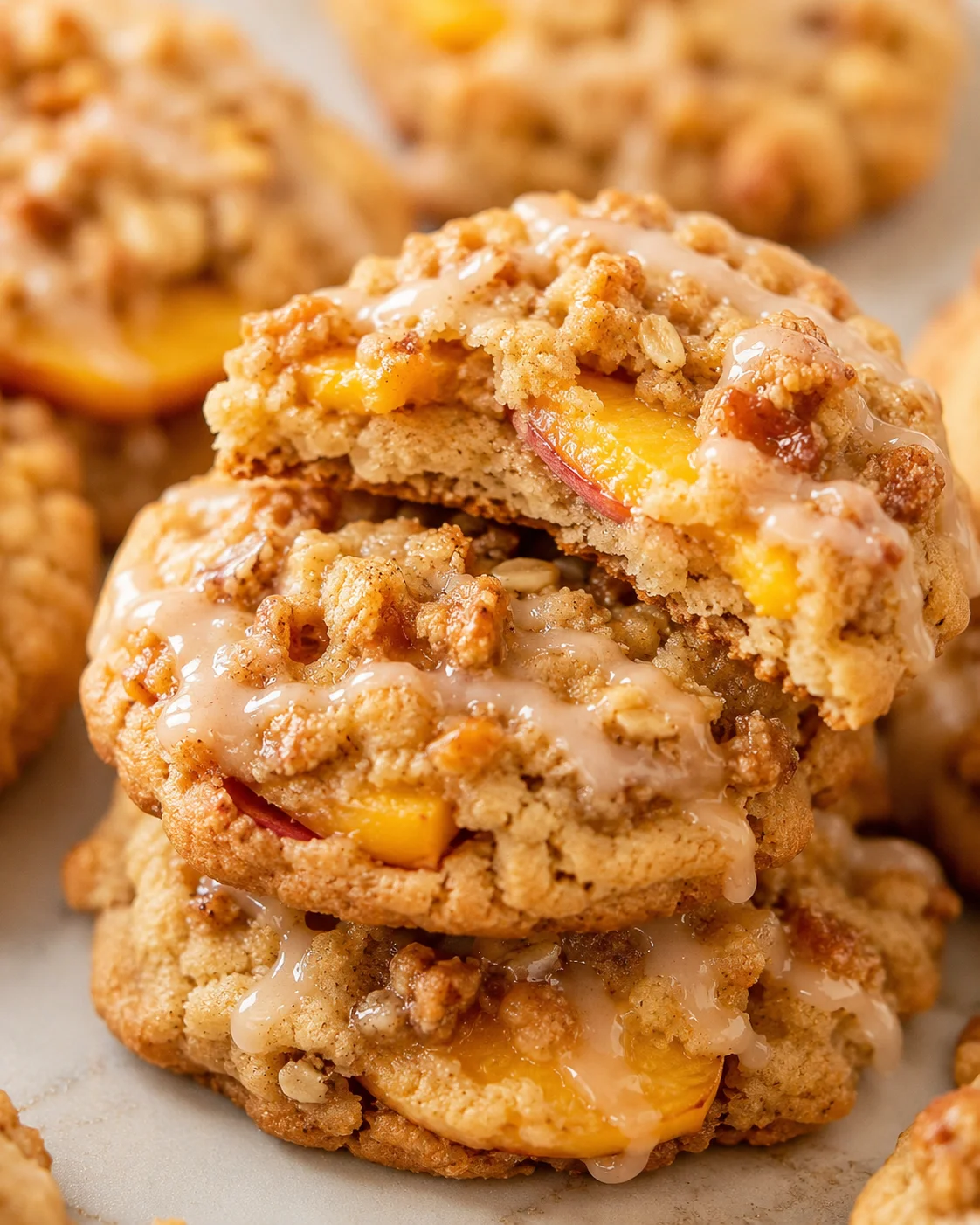 Close-up of soft, chewy peach cobbler cookies with peaches and oats.