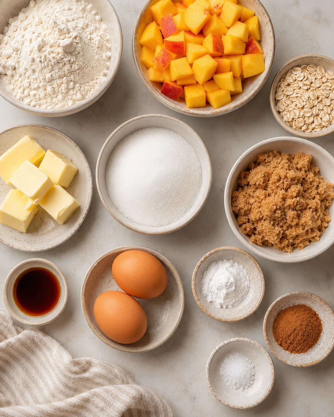 Assorted ingredients for peach cobbler cookies arranged in bowls on a table.