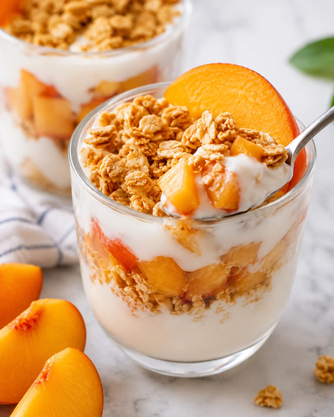 Delicious parfait layered with peaches, yogurt, and granola, perfect for summer breakfast.
