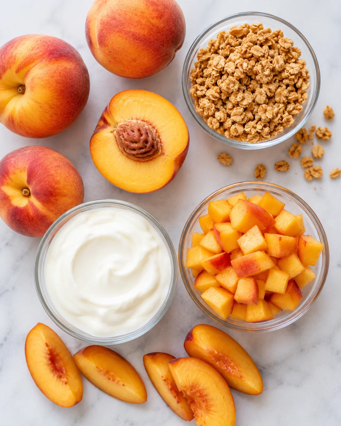 Delicious parfait with peaches, yogurt, and granola in glass bowls