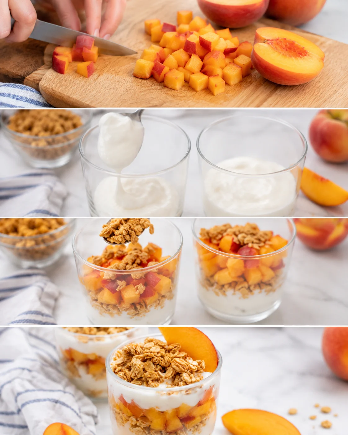 Creamy yogurt layered with fresh peaches and crunchy granola in a glass.