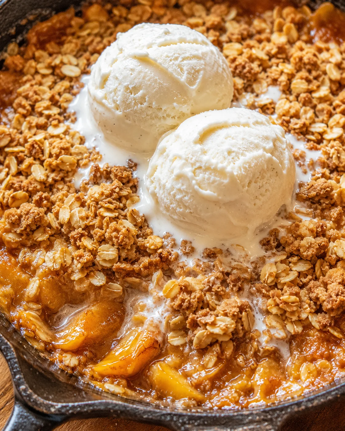 Warm peach crisp topped with vanilla ice cream in a cast iron skillet.