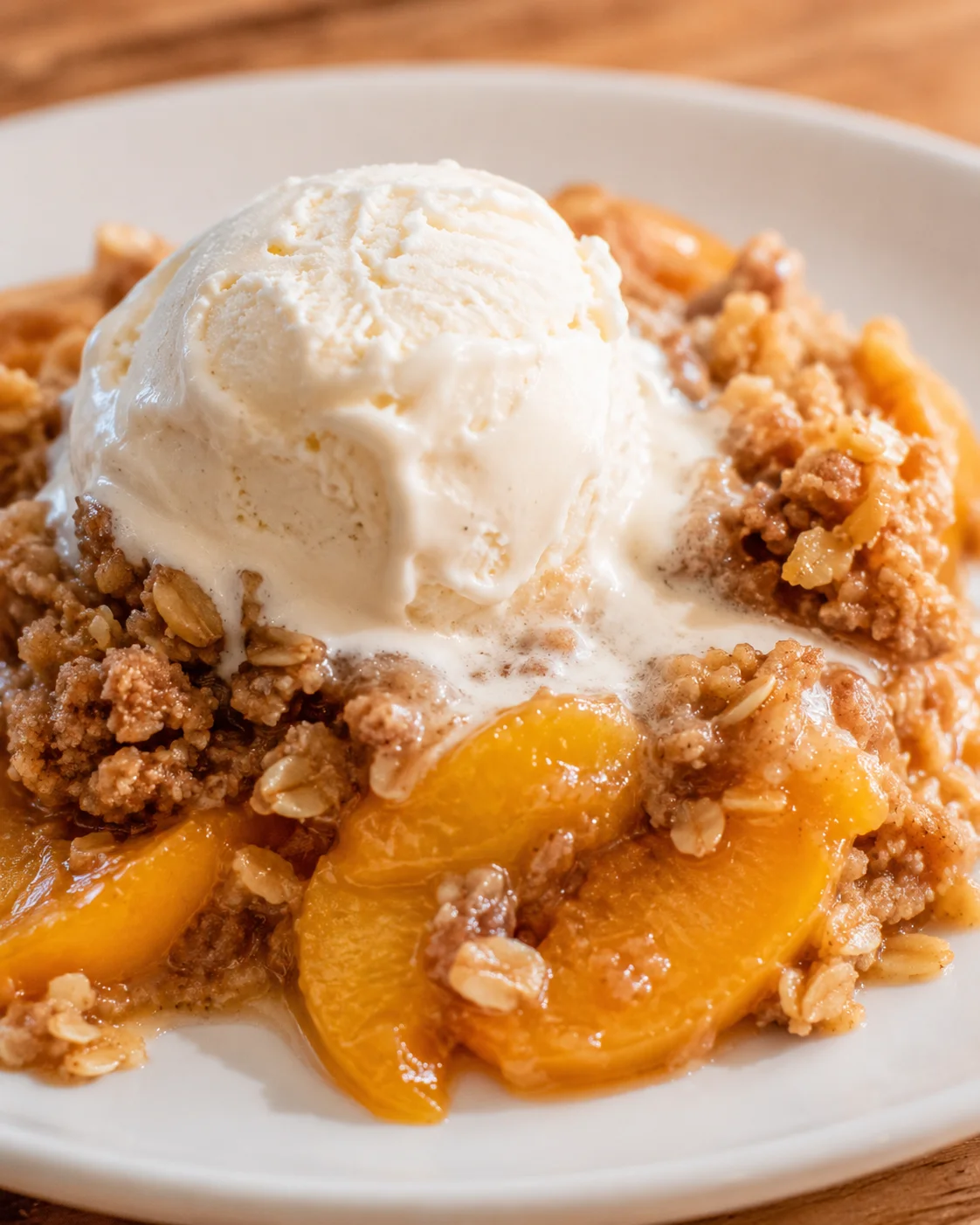 A serving of warm peach crisp topped with vanilla ice cream, shown on a white plate.