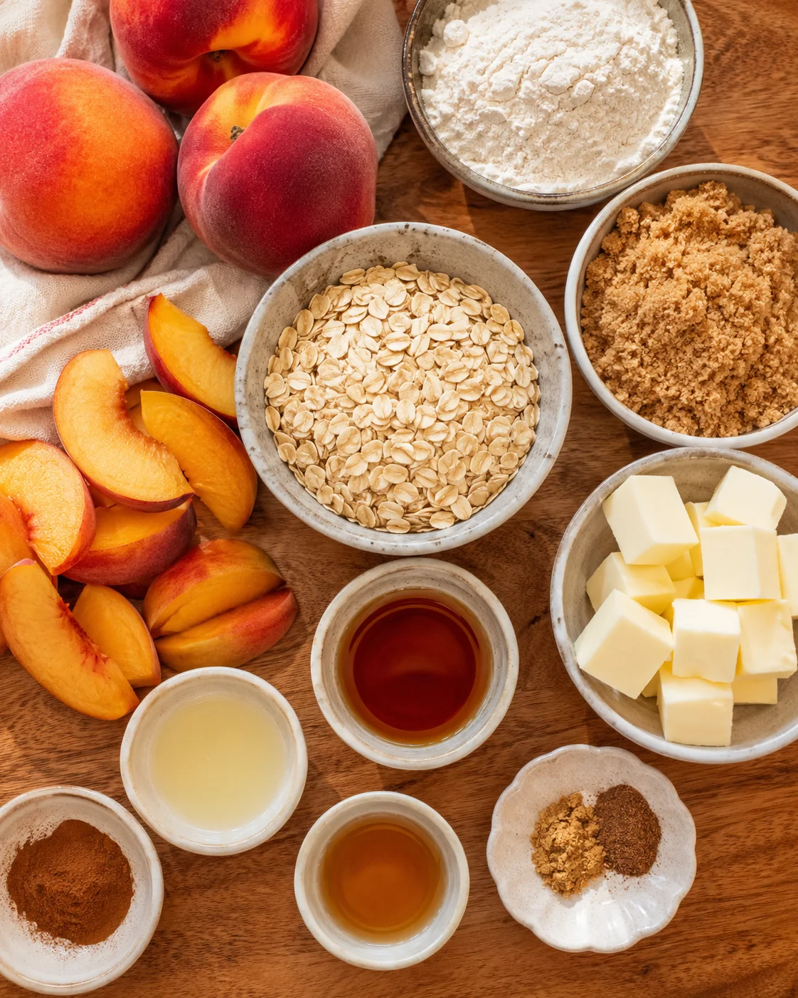 Assorted ingredients for making easy peach crisp on a wooden table