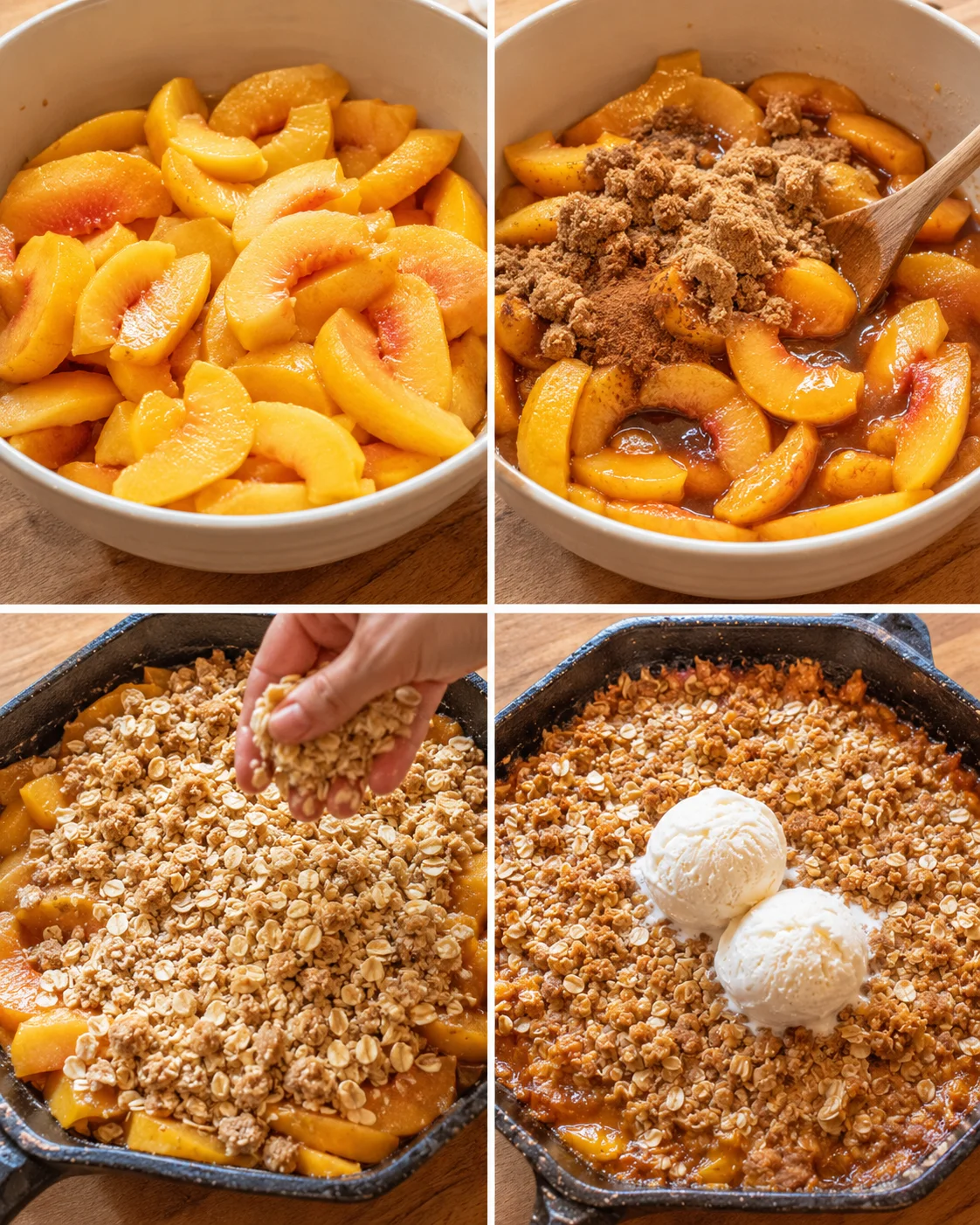 Step-by-step images showing peach filling and crumble topping preparation for dessert.