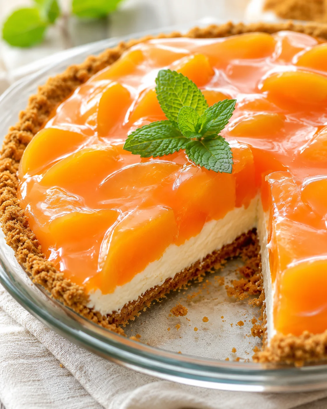 Close-up of a creamy peach pie with a glossy topping and fresh mint garnish.
