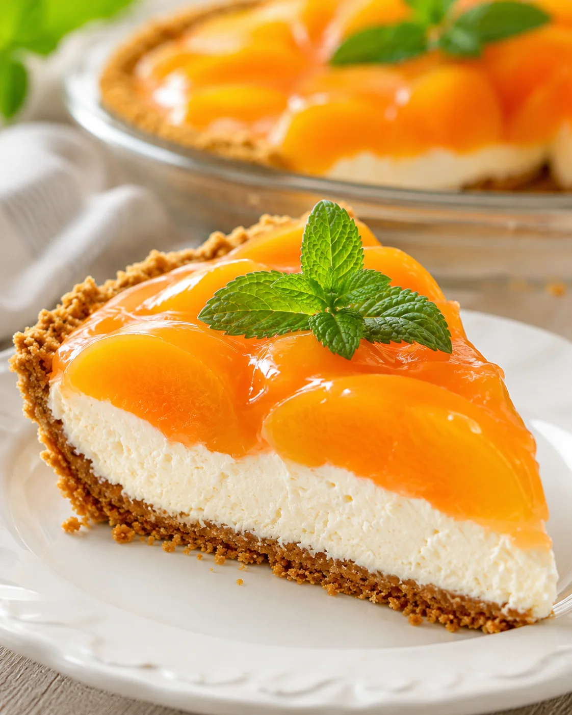 Delicious creamy peach pie with fresh peaches, graham cracker crust, and mint garnish.