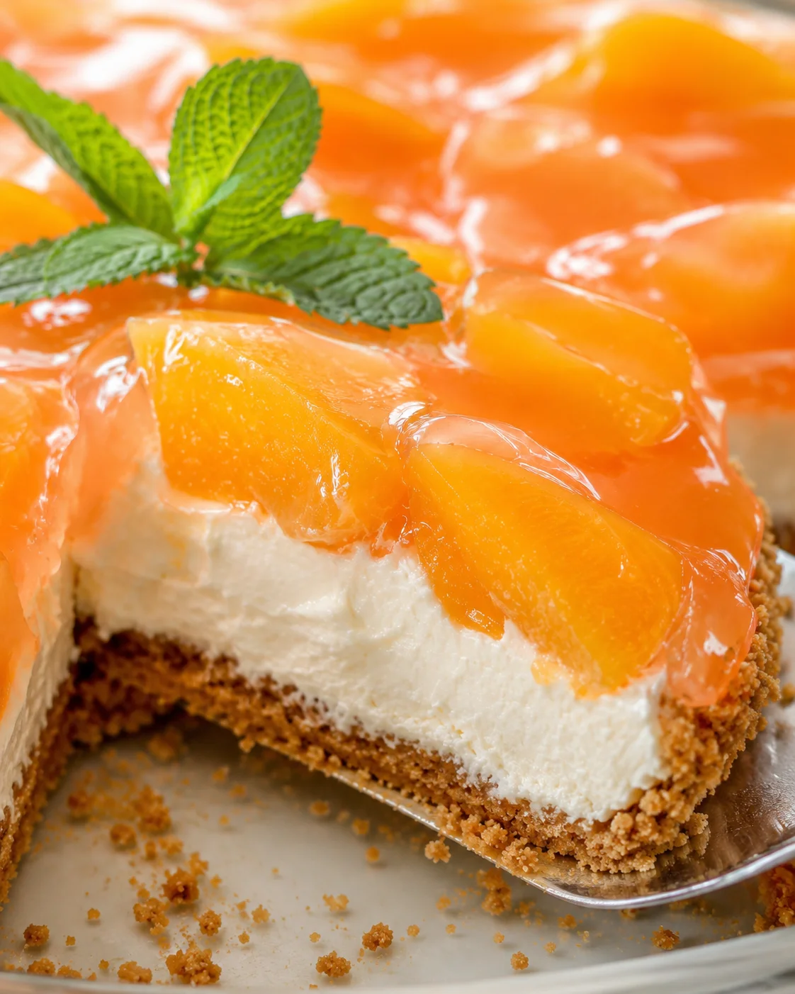Close-up of a creamy peach pie with a graham cracker crust and peach slices on top.