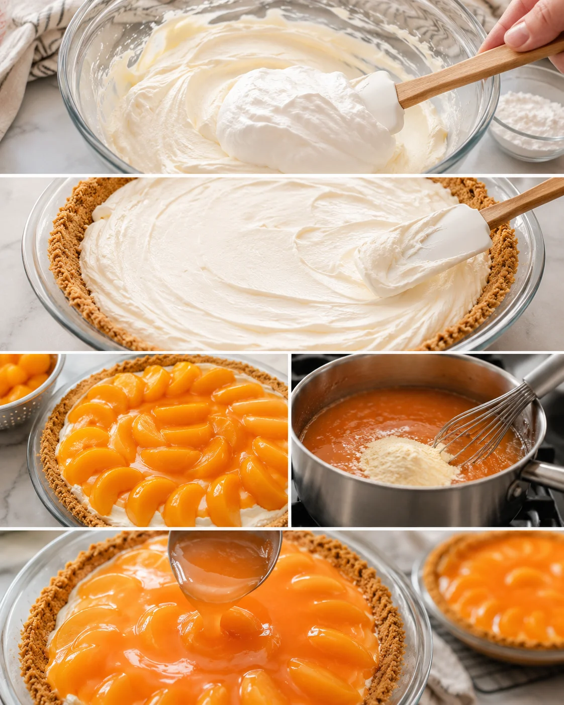 Step-by-step images of preparing a creamy peach pie with crust, filling, and topping.