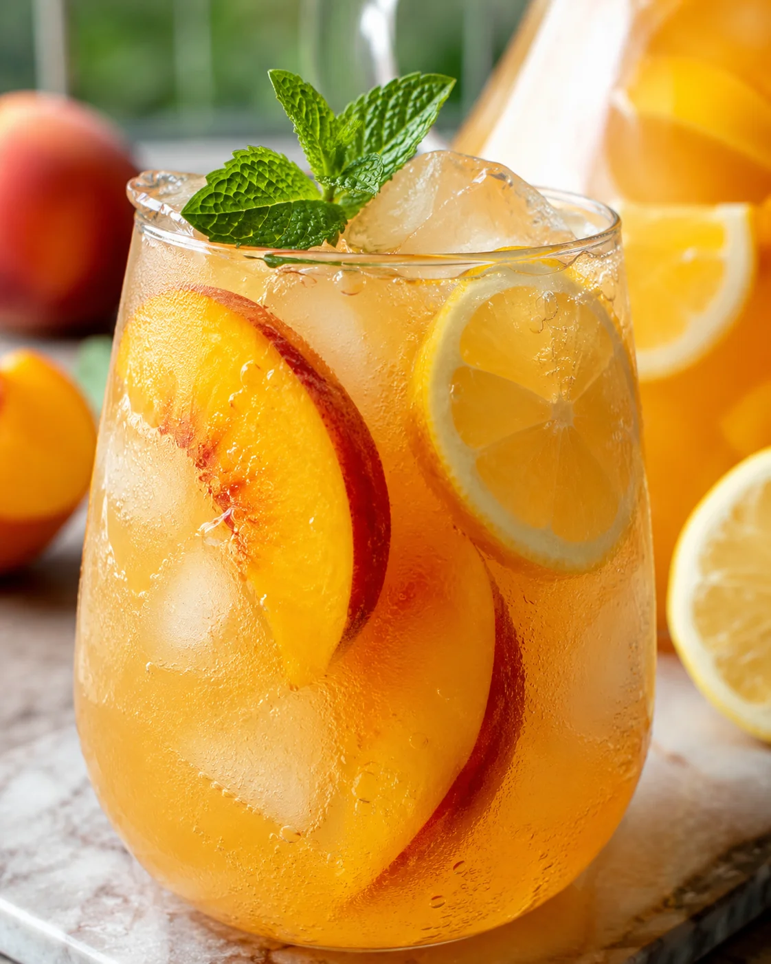 A glass of peach lemonade with fresh peaches, lemon slices, and mint garnish.