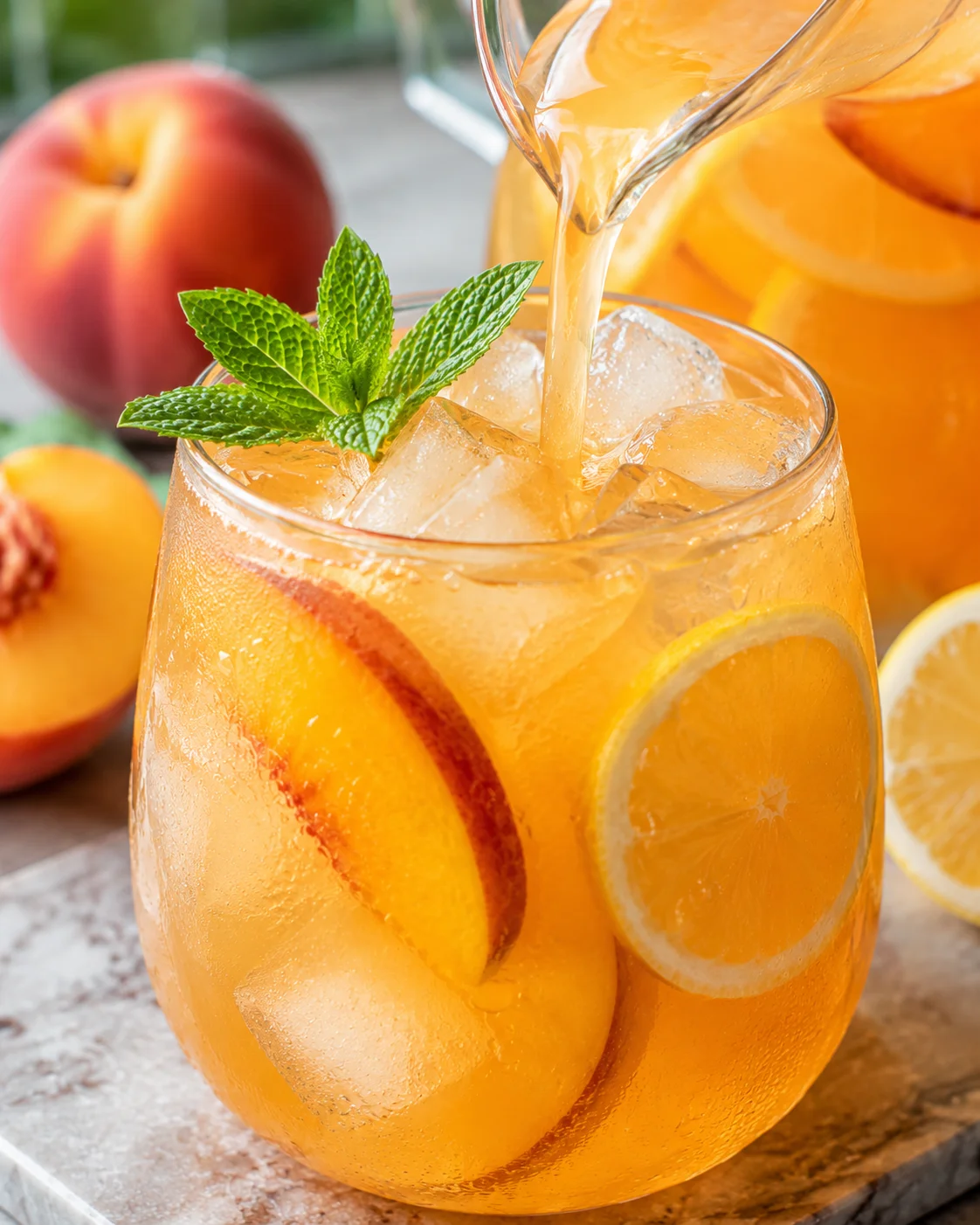 A glass of peach lemonade with ice, lemon slices, and a mint garnish