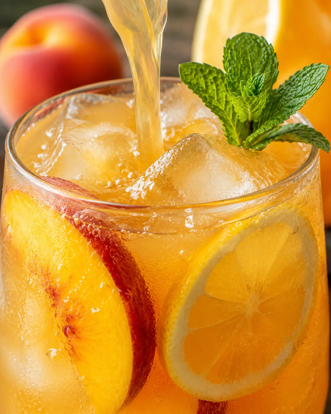 A glass of peach lemonade with lemon slices, mint, and ice, perfect for summer.