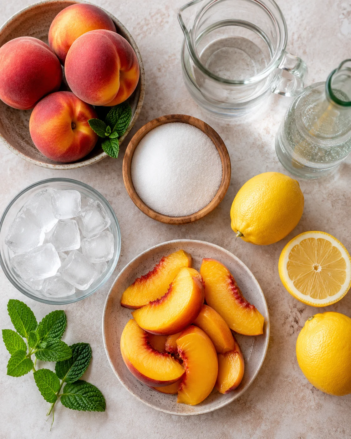 Bright peach lemonade served with fresh peaches and lemon halves on a textured surface.