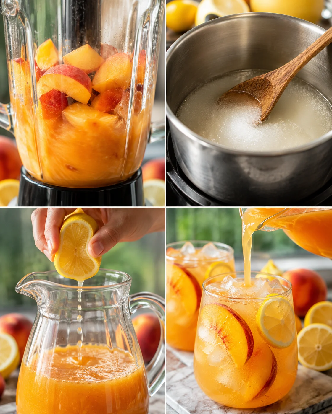 Bright and juicy peach lemonade with fresh lemon slices in a glass