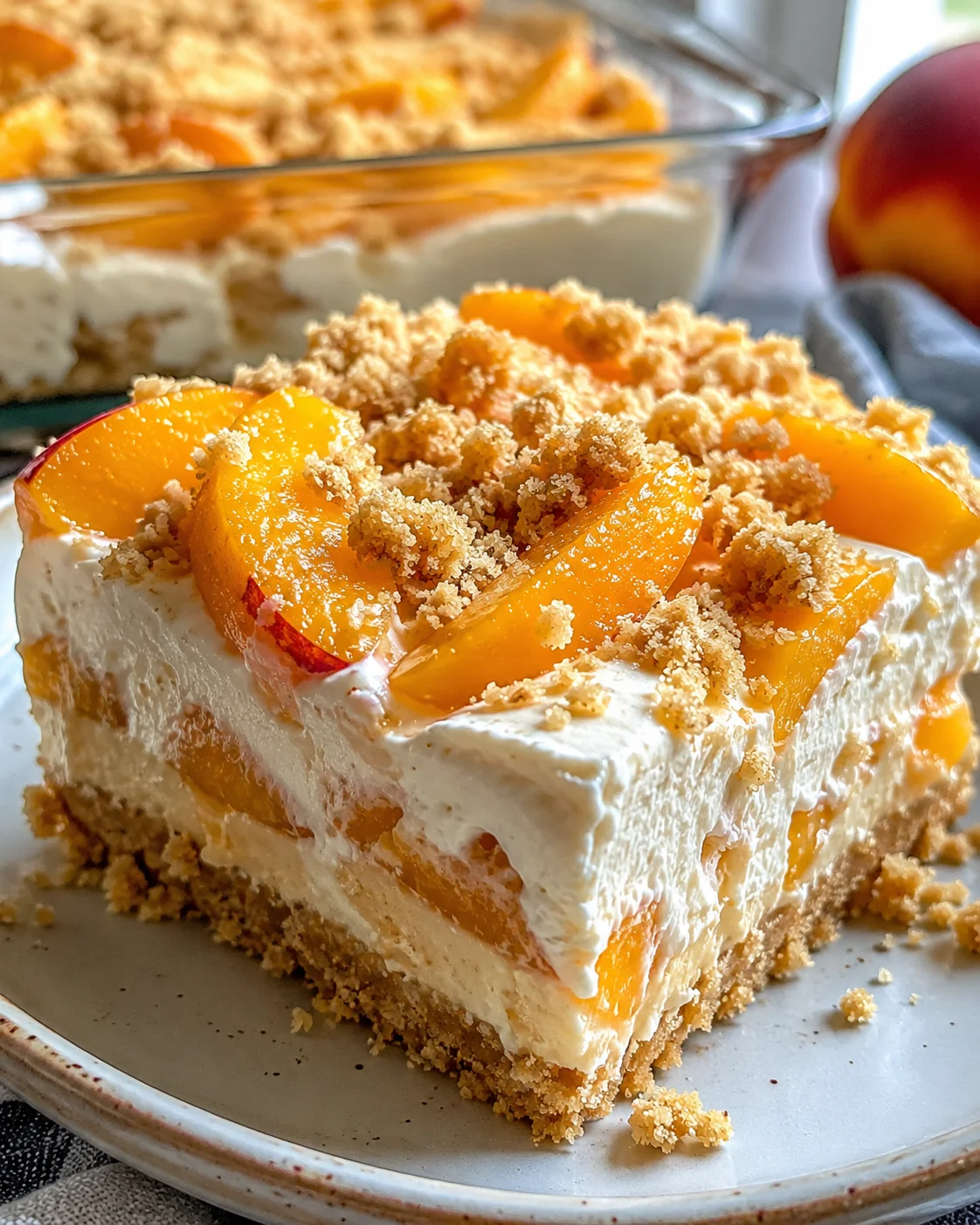 Close-up of a layered peaches and cream dessert with peach slices and crumb topping