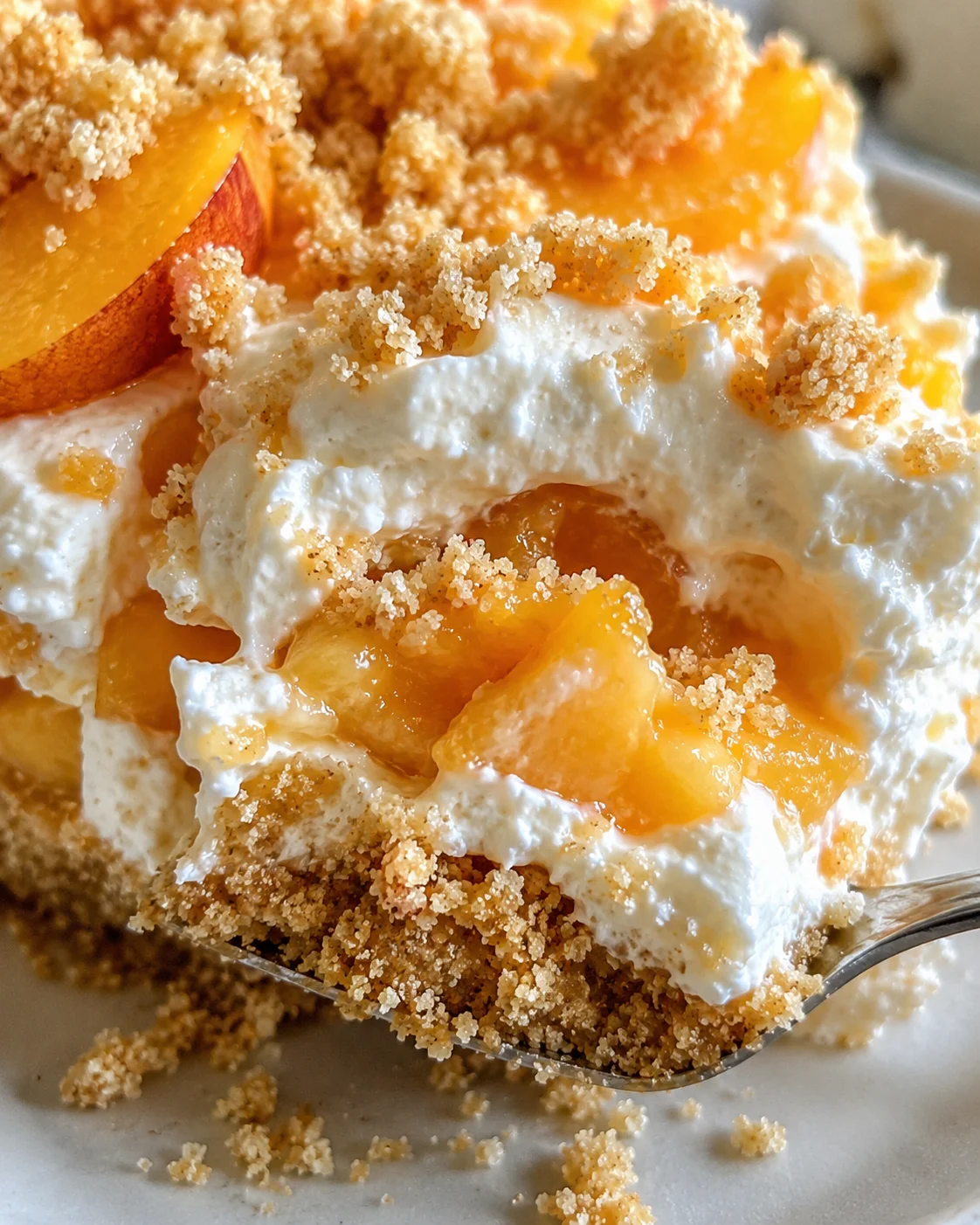 Close-up of a layered peaches and cream no-bake dessert with crumbs and peach slices