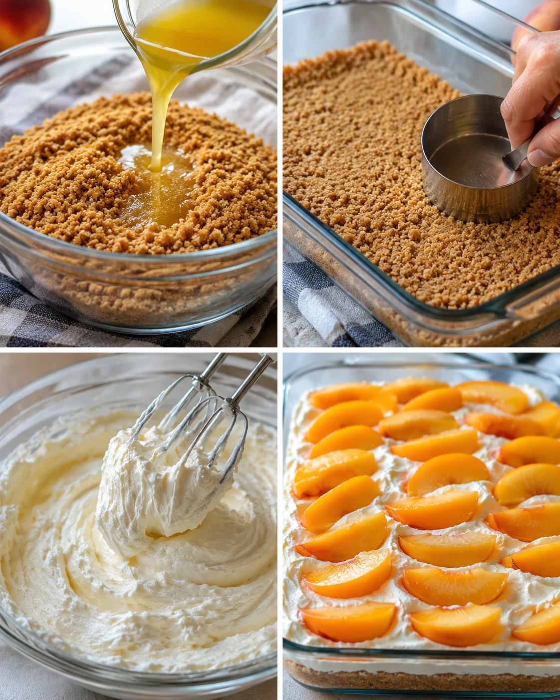 Creamy layered peach dessert with graham cracker crust and fresh peach slices