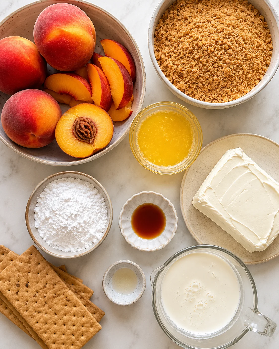 Fresh peaches, graham cracker crust, whipped cream, and creamy filling ingredients.