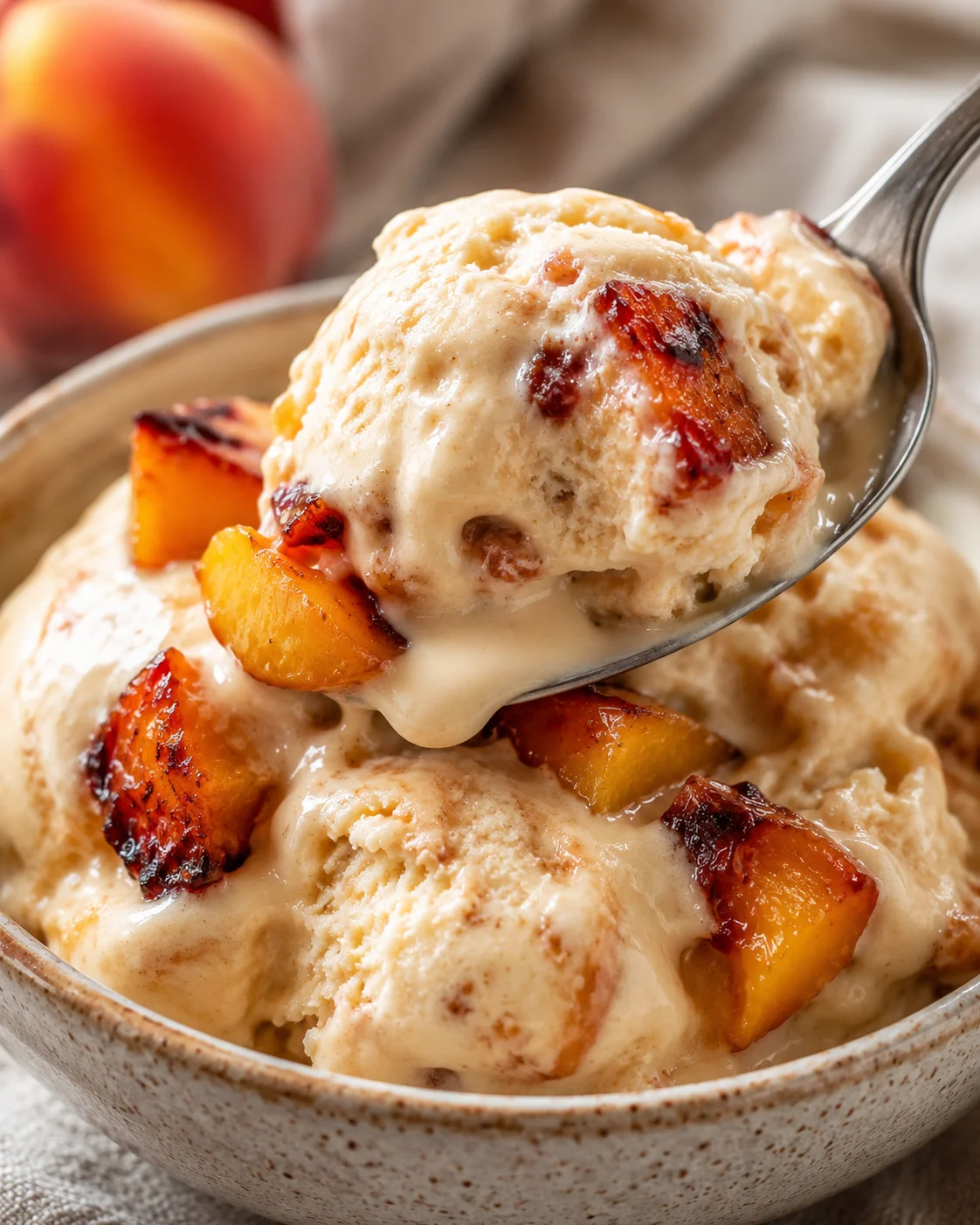 Delicious homemade roasted peach ice cream served in a bowl with fresh peaches nearby