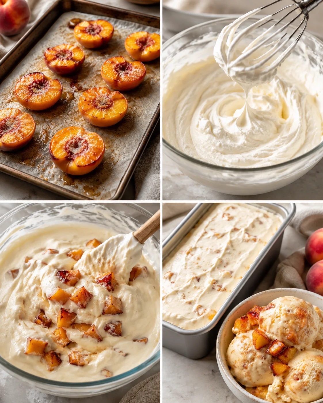 Creamy homemade roasted peach ice cream with caramelized fruit pieces.