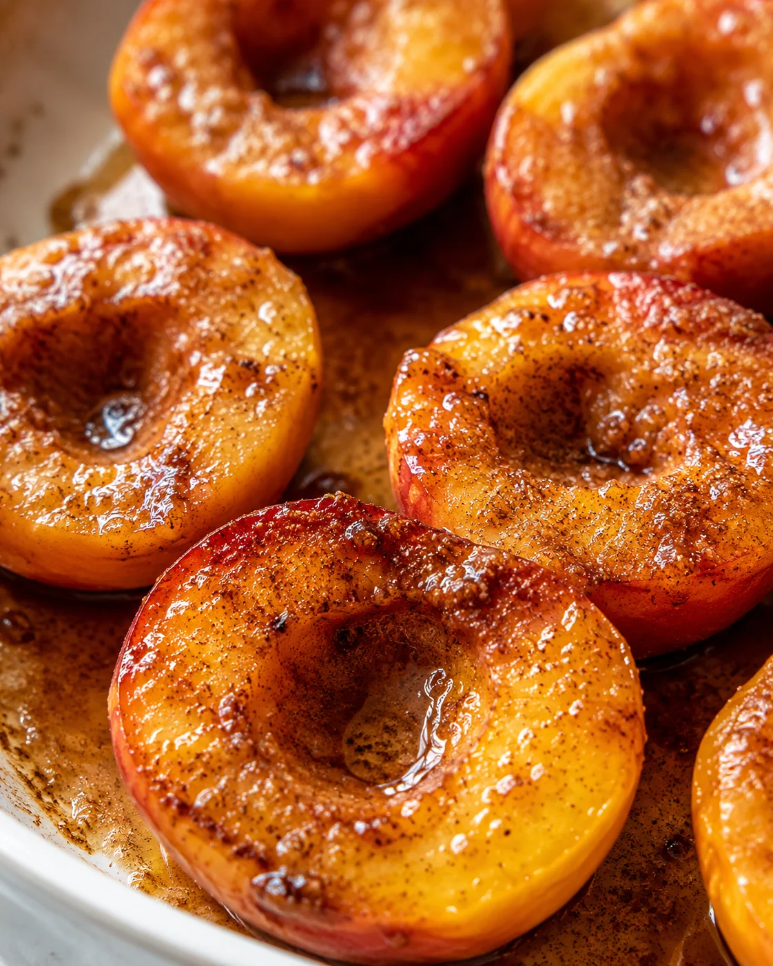 Baked peaches with cinnamon and caramelization, ready to serve as dessert.