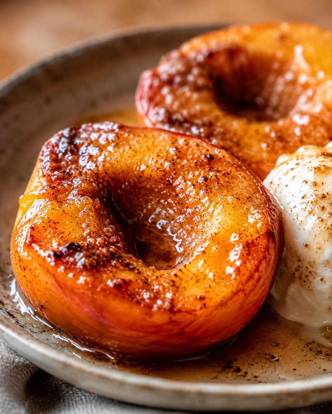 Close-up of baked peaches with cinnamon and caramelized sugar drizzled on top