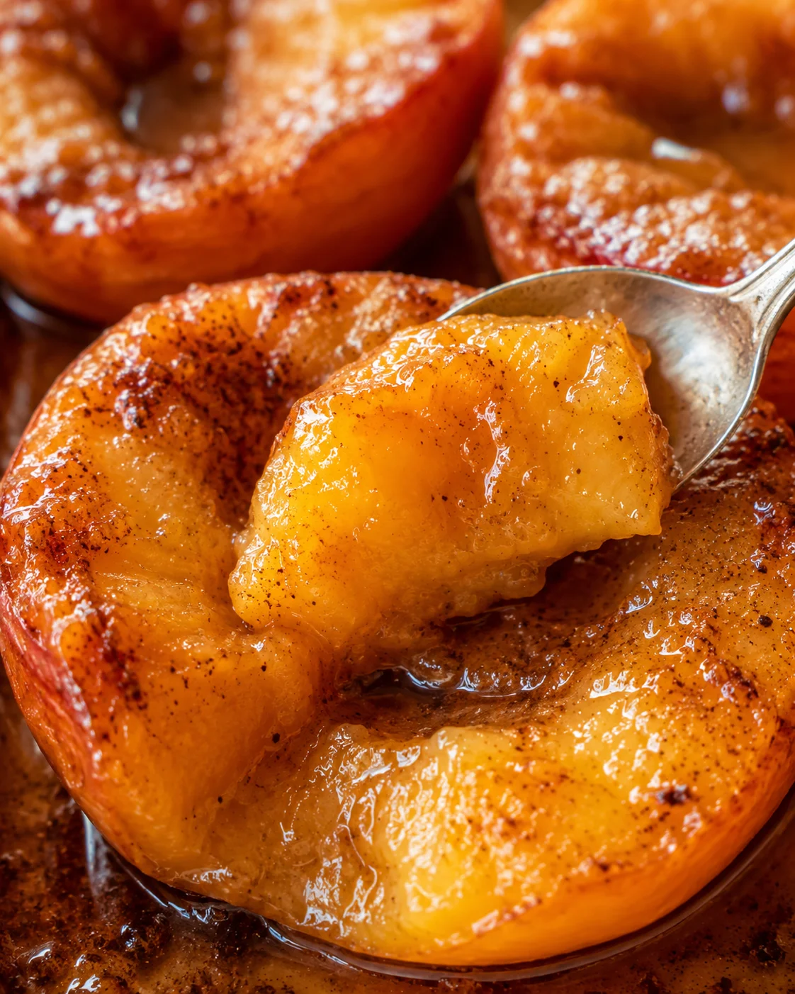 Close-up of baked peaches topped with cinnamon and caramelized, served warm