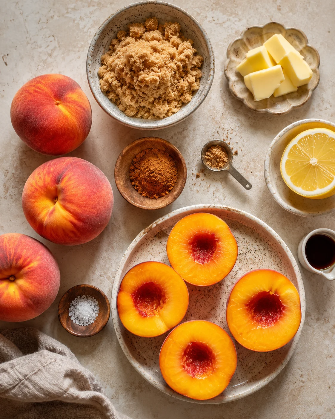 Fresh peaches, cinnamon, and butter ready for baking in a cozy kitchen setting.