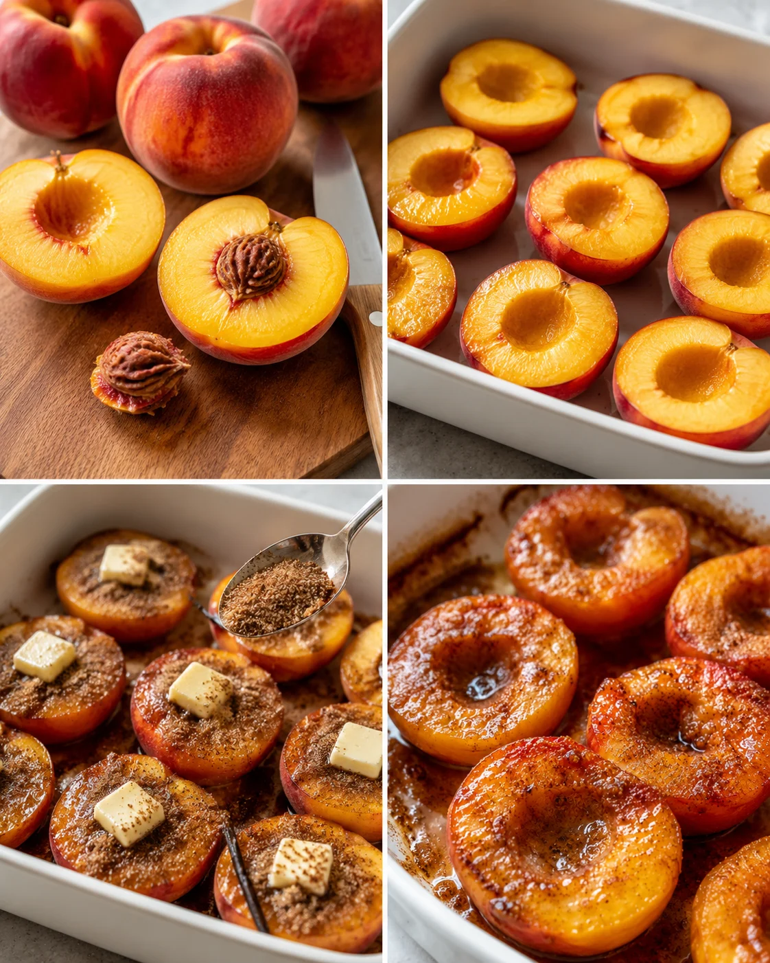 Fresh peaches being prepared and baked into a warm, cinnamon-spiced dessert.