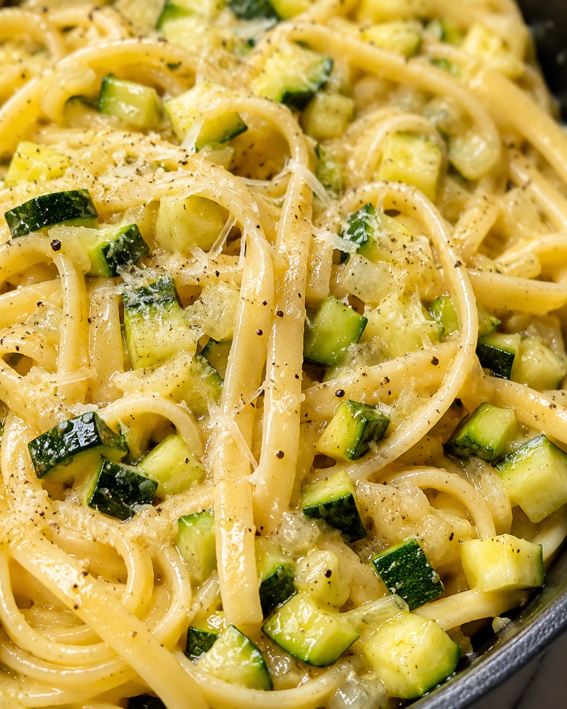 Creamy zucchini pasta sauce with garlic, lemon, and Parmesan cheese.