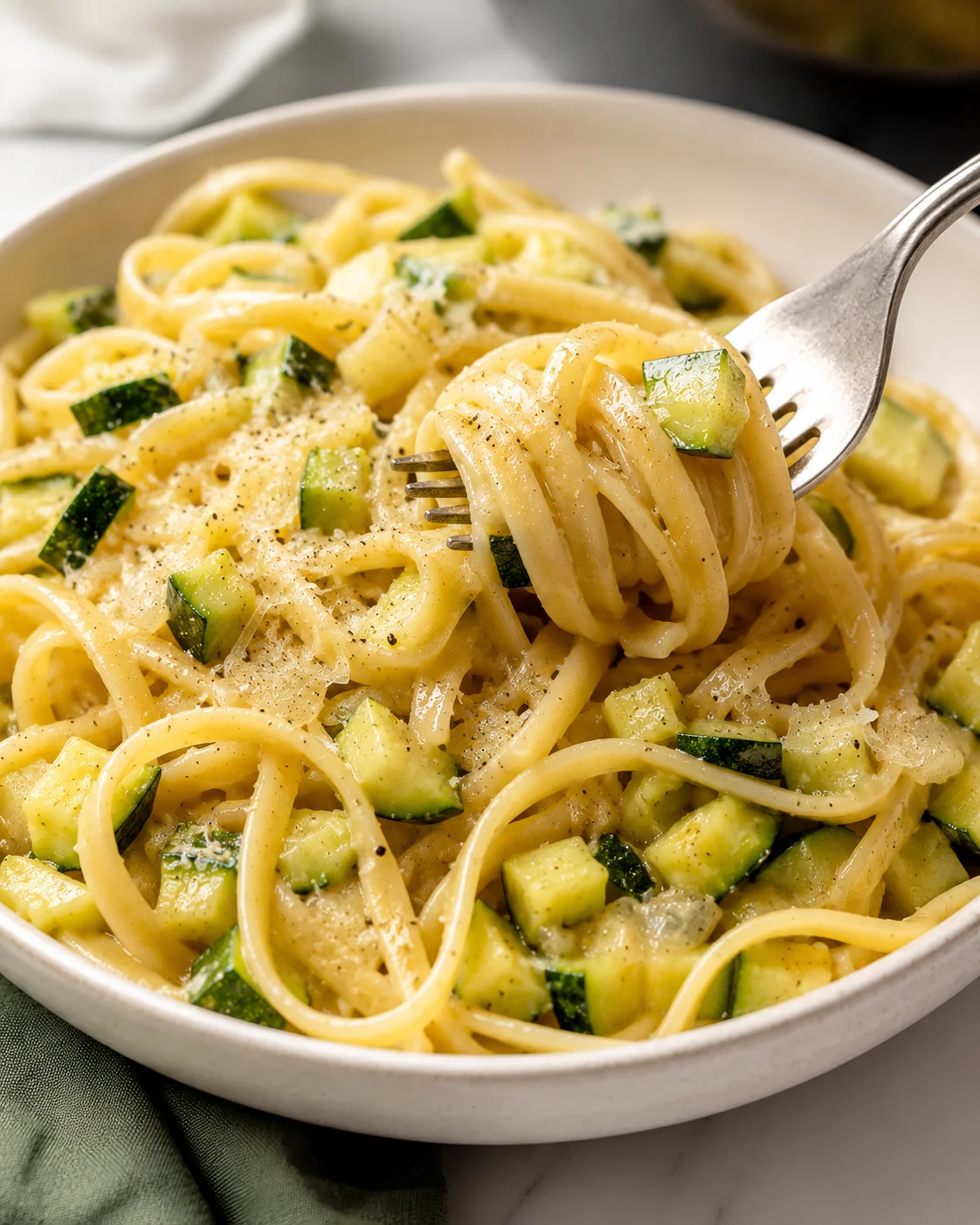 Creamy zucchini pasta dish with zucchini chunks and Parmesan cheese