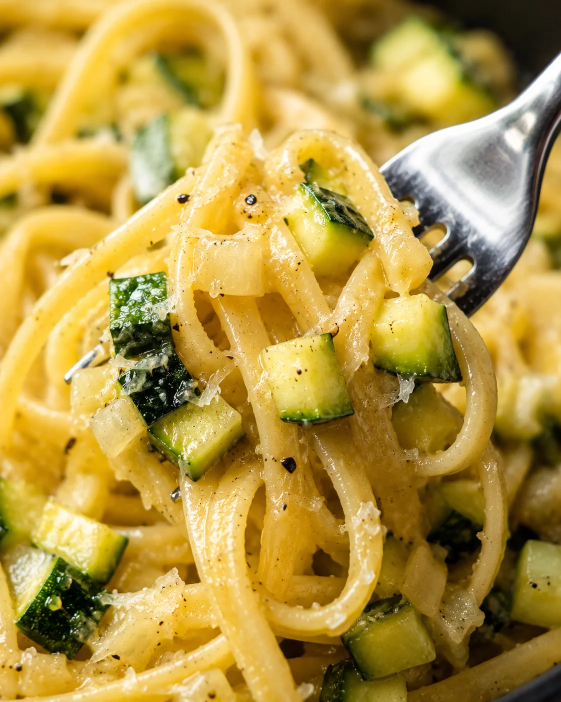 Close-up of creamy zucchini pasta with herbs and cheese on fork.