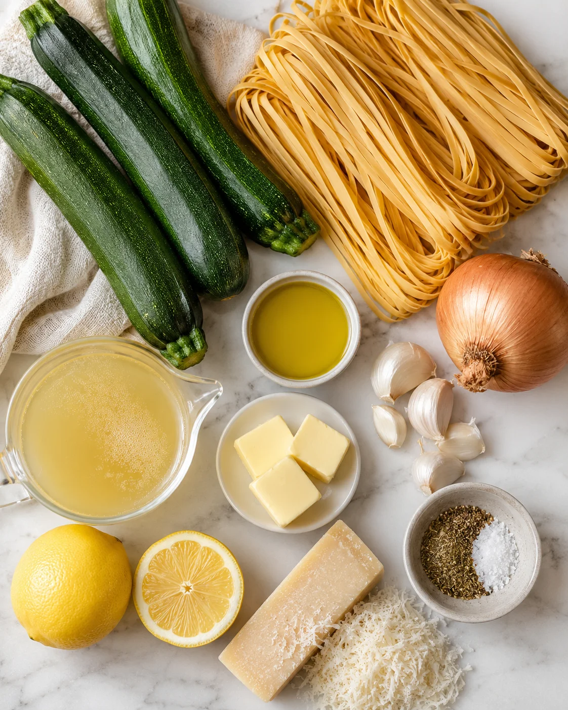 Zucchini, garlic, lemon, and Parmesan cheese ingredients for pasta sauce.