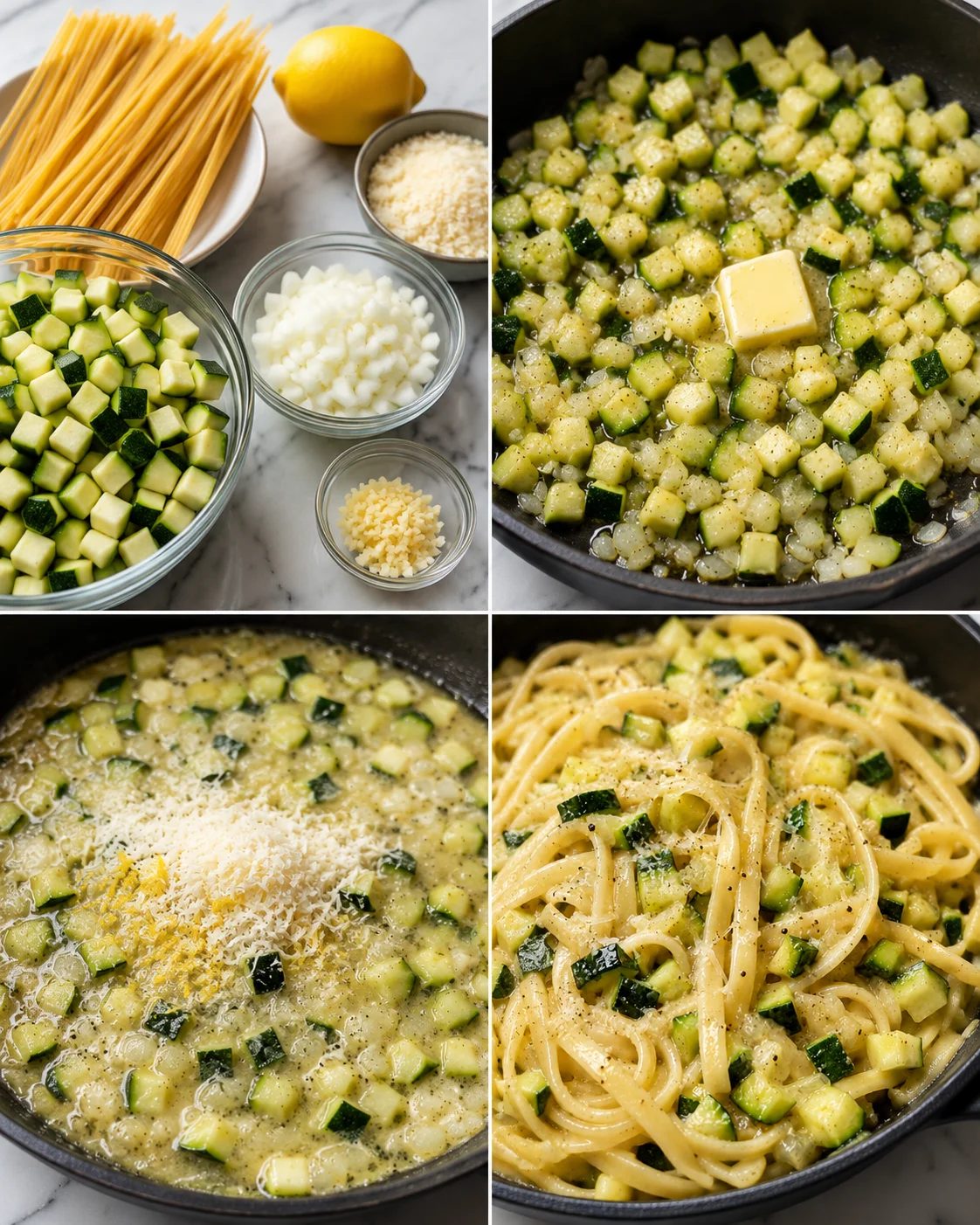 Step-by-step images of zucchini pasta sauce being prepared and cooked.