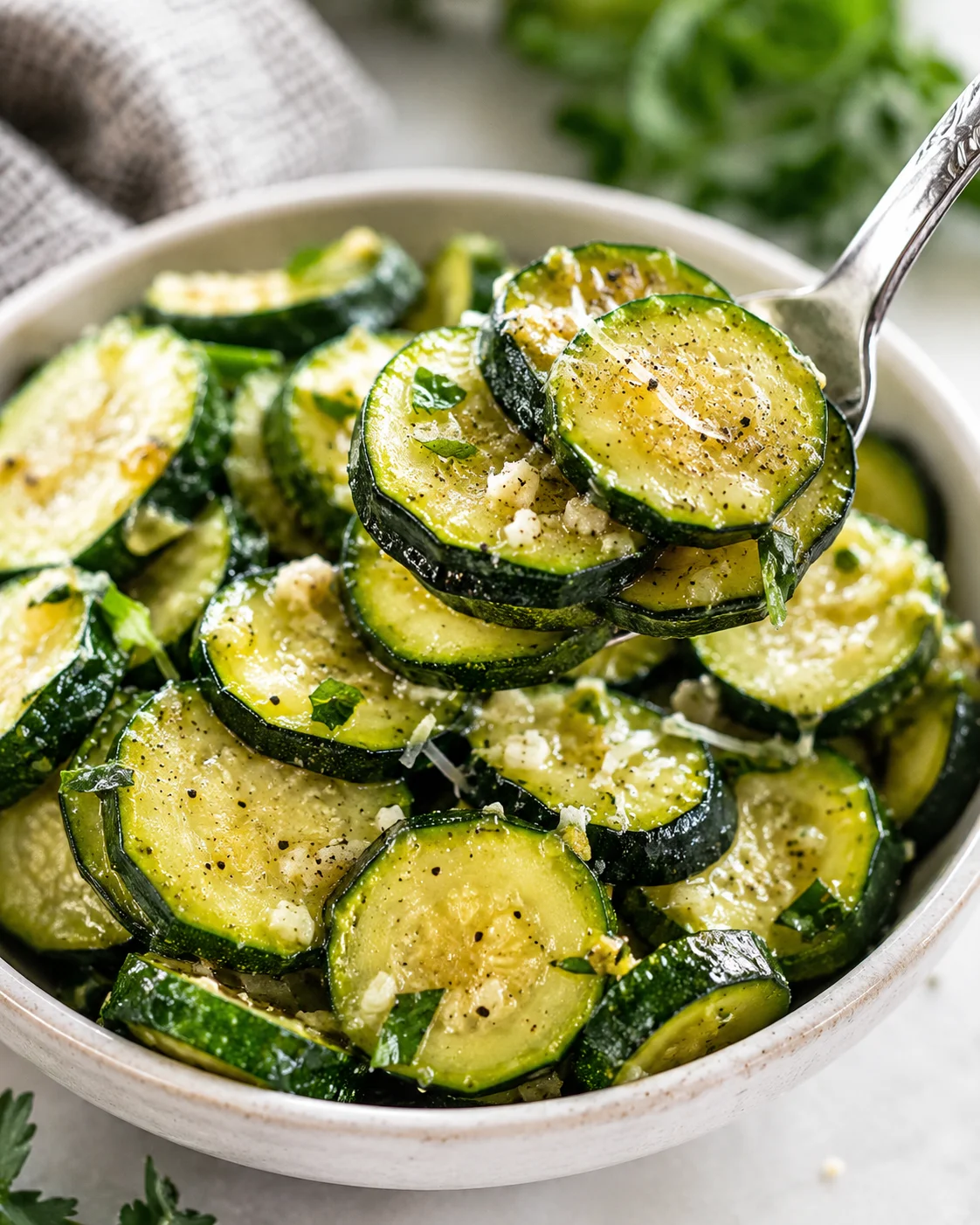 Delicious sautéed zucchini with garlic and grated Parmesan cheese in a bowl