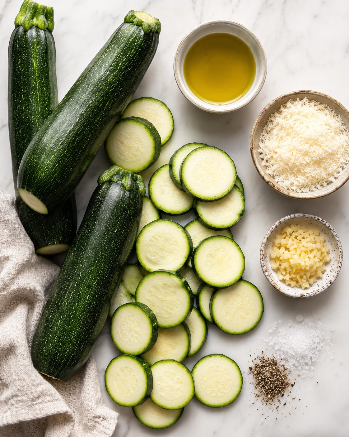 Zucchini slices and fresh ingredients for sautéed zucchini dish.