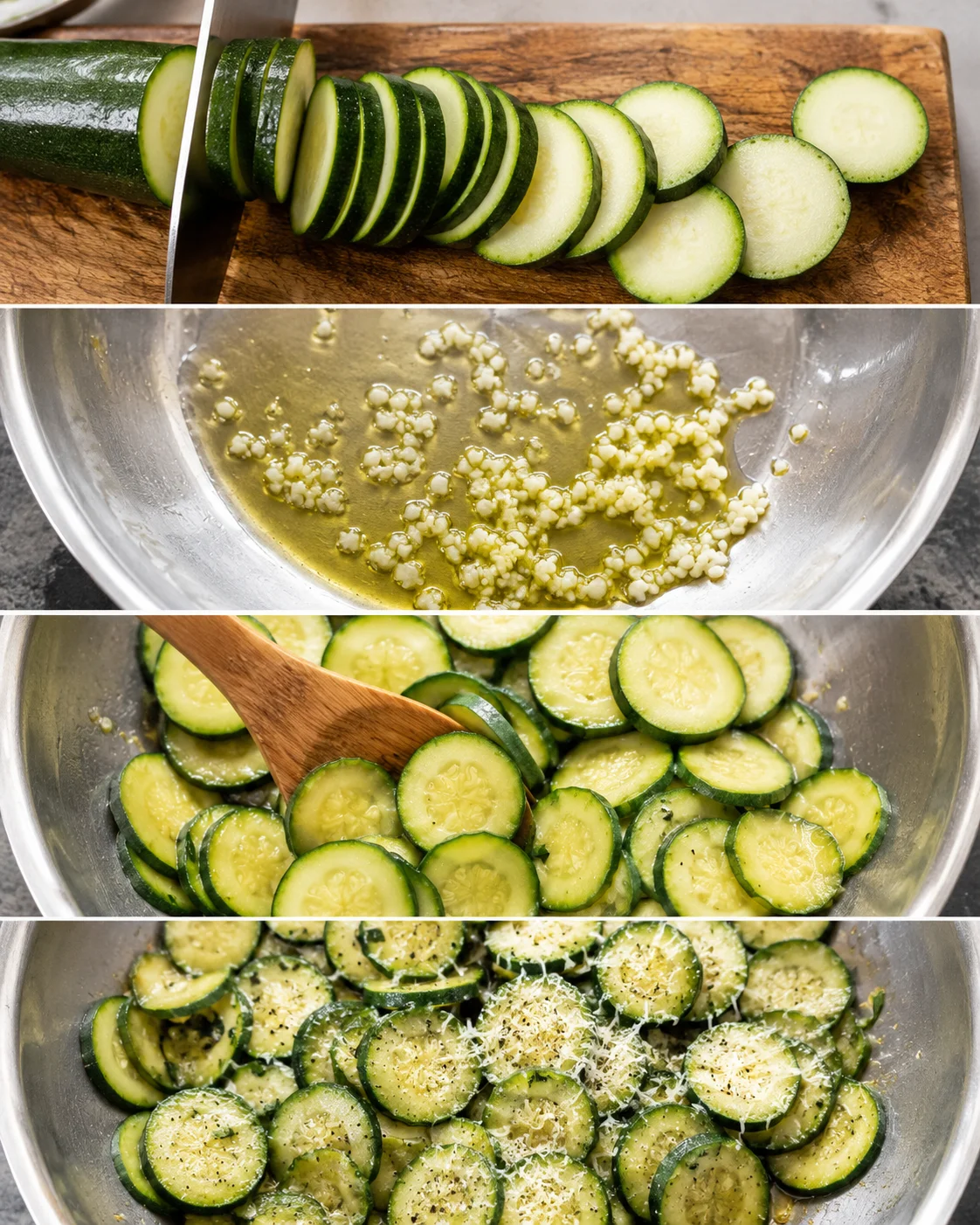 Fresh sliced zucchini being sautéed with garlic and Parmesan cheese in a skillet.
