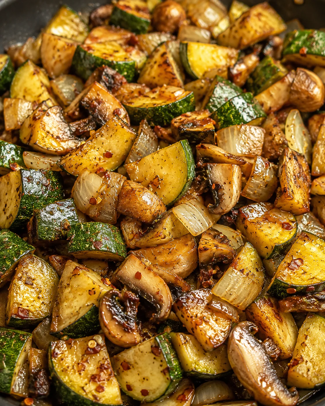 Colorful sautéed zucchini with mushrooms and onions in a skillet.