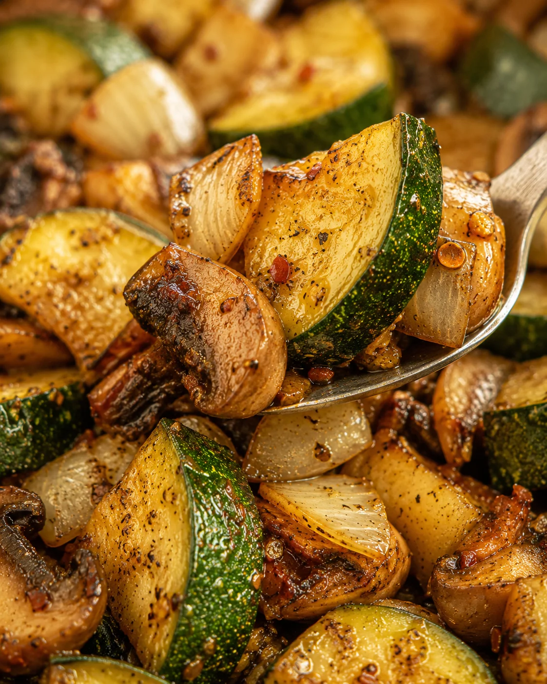 Close-up of cooked zucchini, onions, and mushrooms in a skillet.