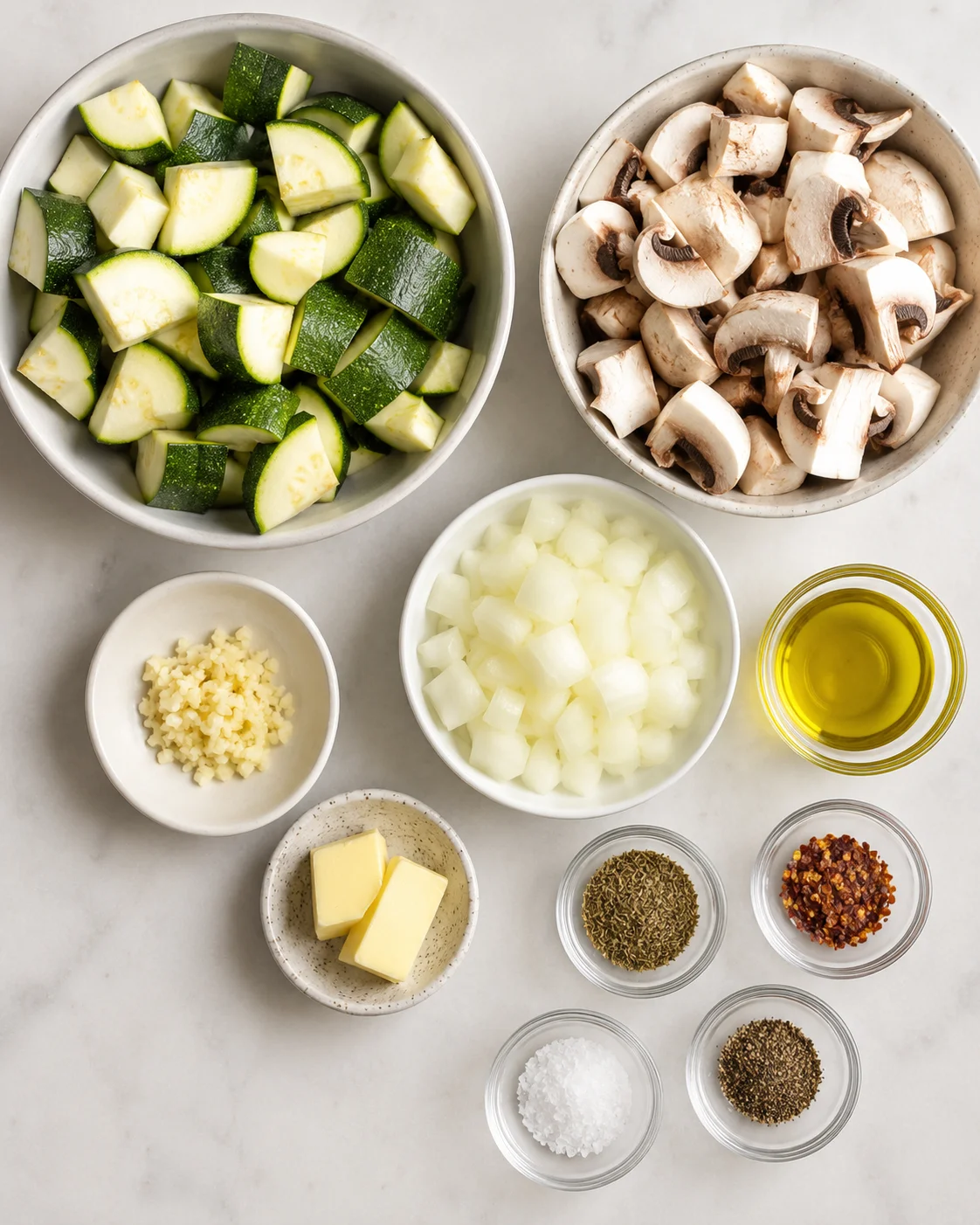 Fresh zucchini, mushrooms, onions, and garlic prepared for cooking.