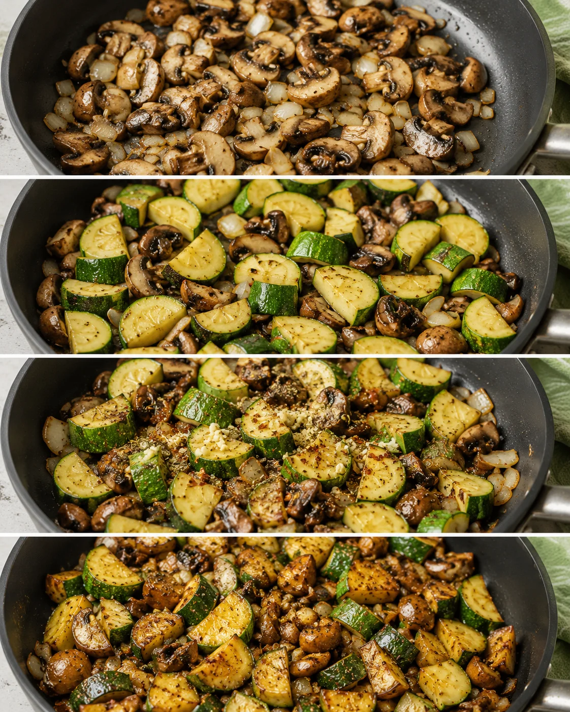 Step-by-step images of sautéing mushrooms, zucchini, and onions in a skillet.