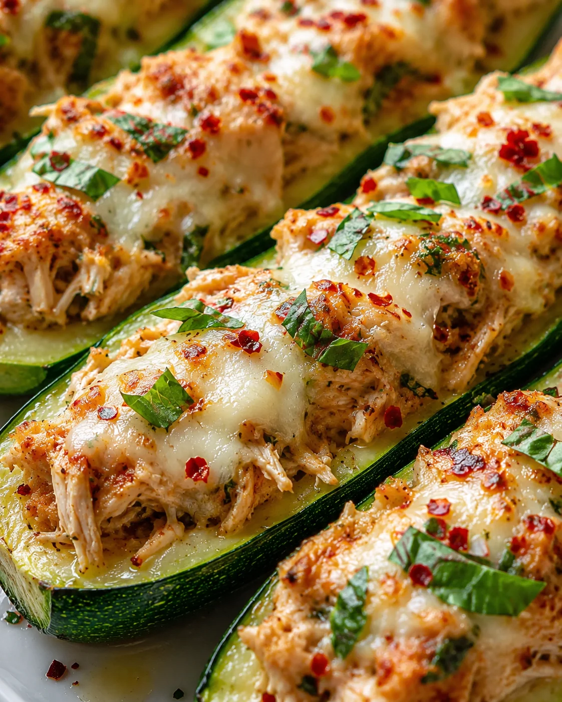 Baked zucchini boats stuffed with chicken, cheese, and herbs, topped with fresh basil.