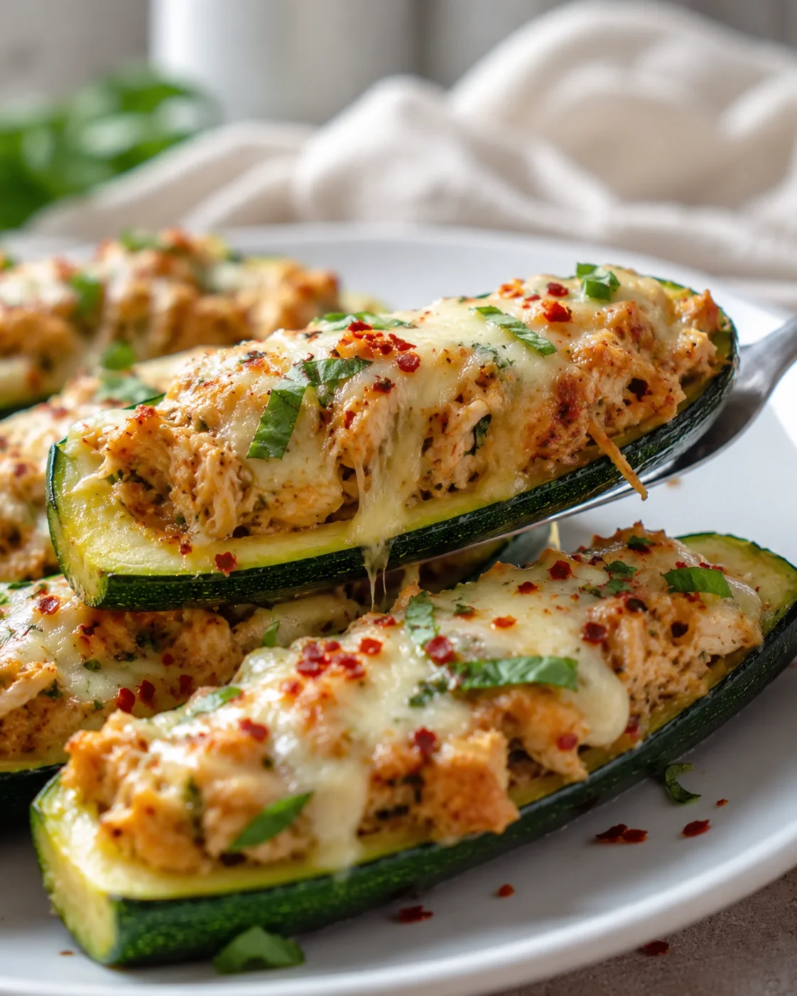 Baked zucchini boats stuffed with chicken, mozzarella, and fresh herbs on a white plate.
