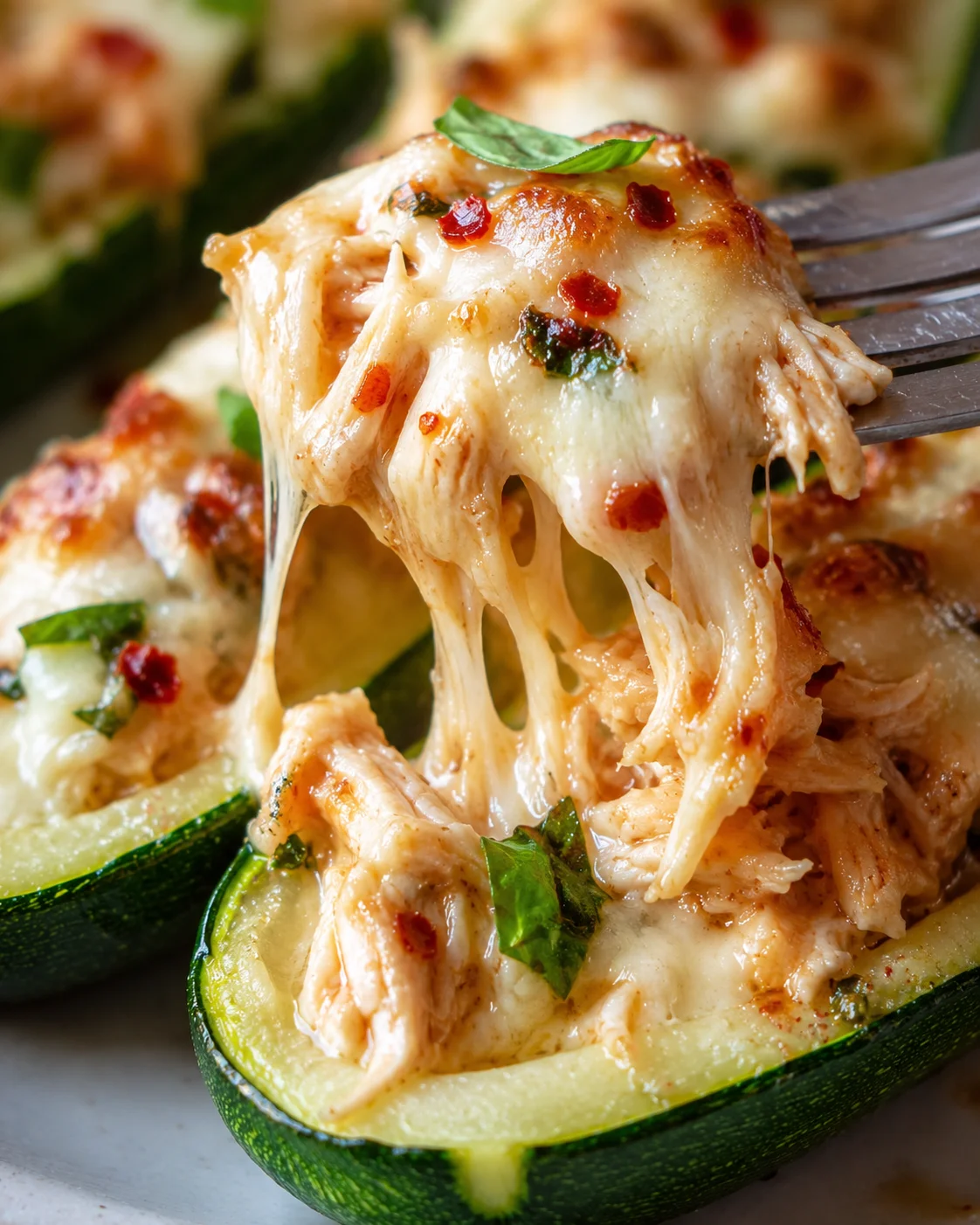Close-up of cheesy chicken-stuffed zucchini boats with melted cheese and herbs