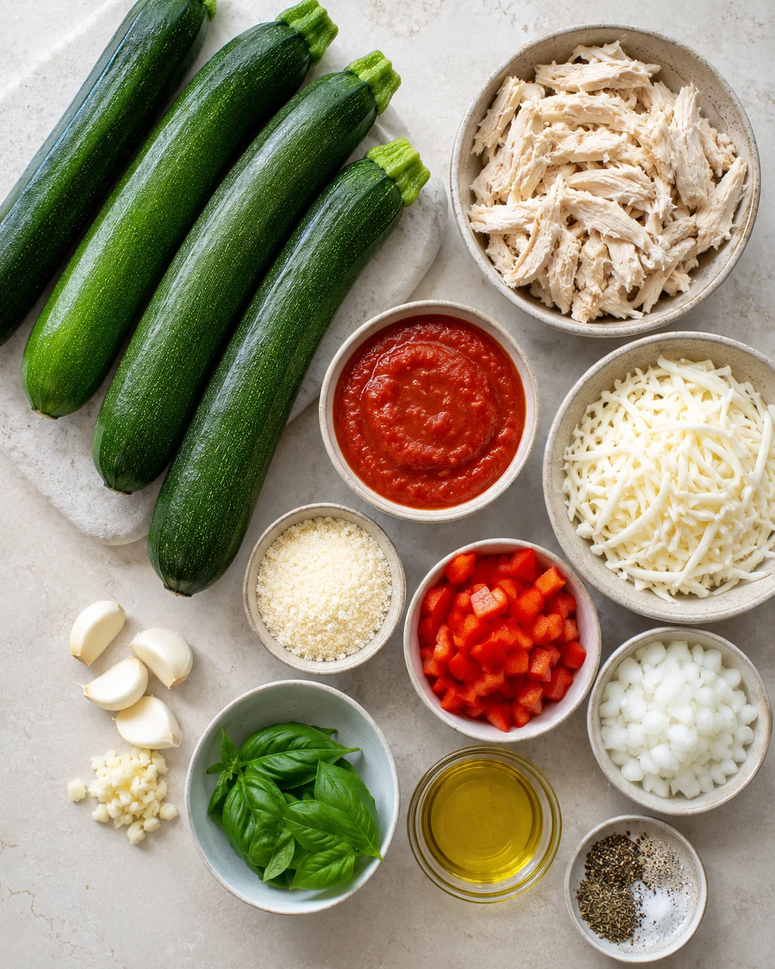 Fresh zucchini, shredded chicken, mozzarella, and herbs ready for stuffing and baking.