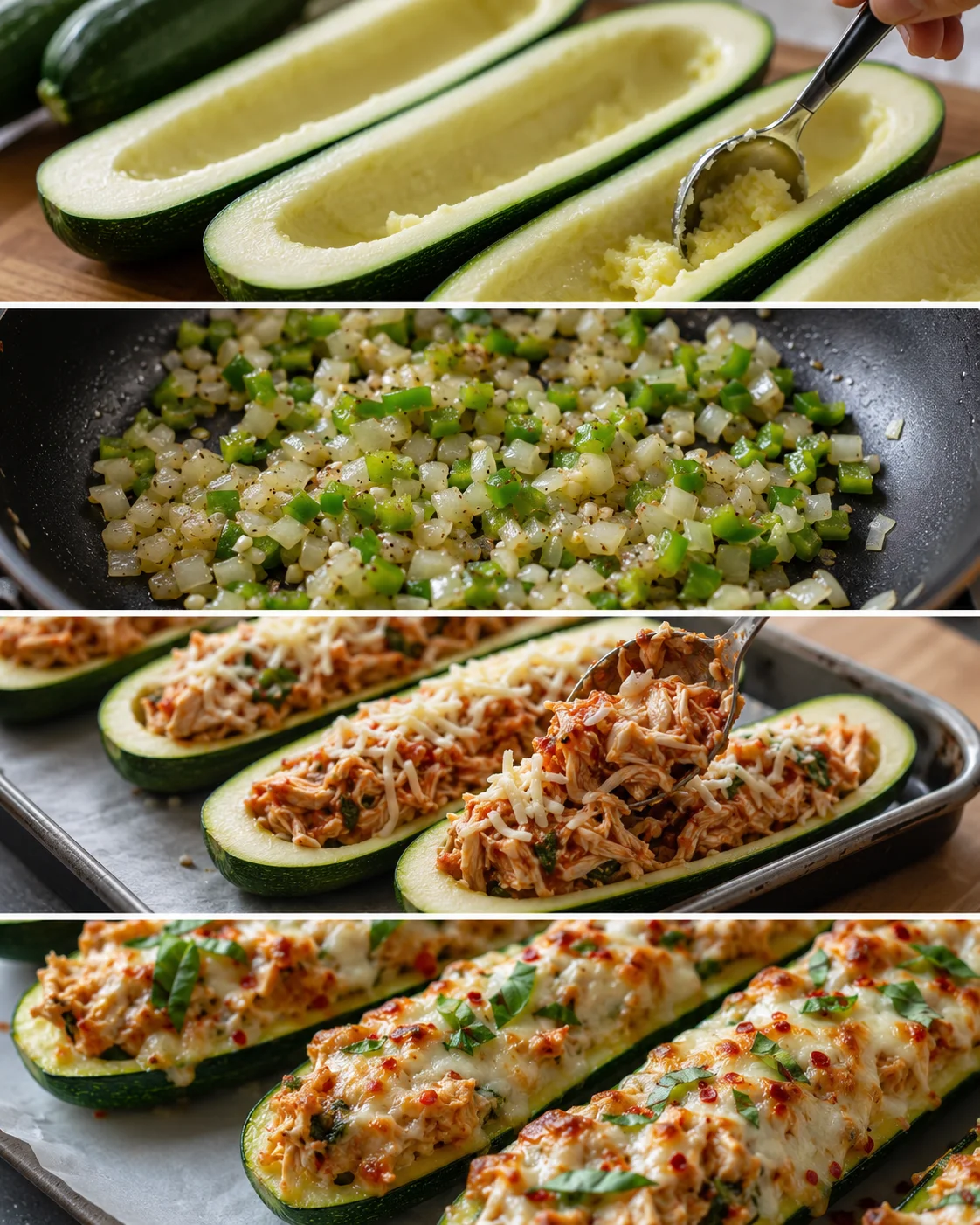 Fresh zucchinis hollowed and filled with shredded chicken and melted cheese.