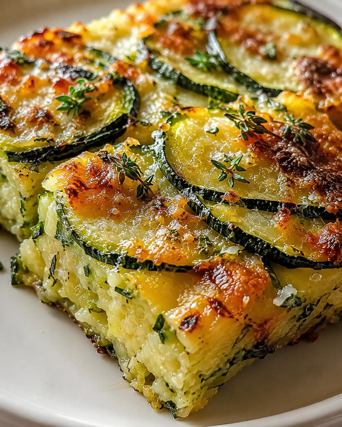 Close-up of baked Italian zucchini scarpaccia with golden crust and zucchini slices